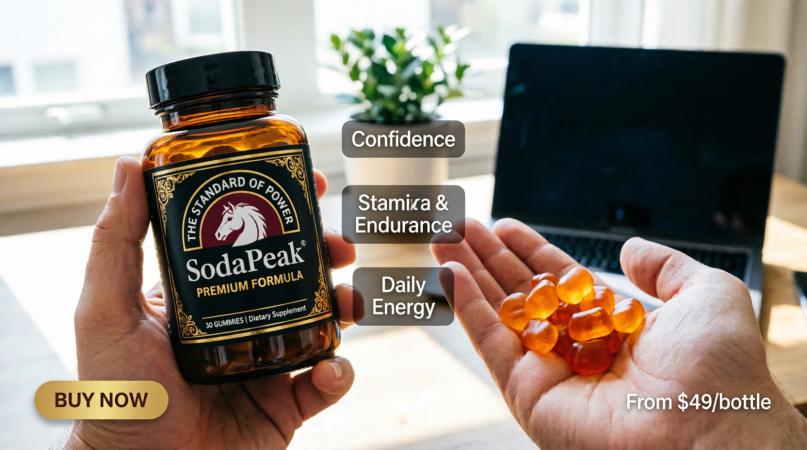 hand holding amber gummy supplements beside a supplement bottle at a home desk
