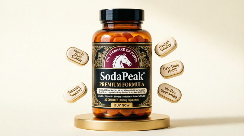 amber bottle of men's daily vitality gummies on a gold display stand