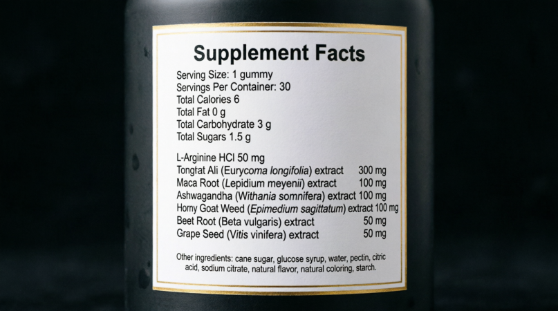 supplement facts panel showing seven botanical extracts with printed milligram doses